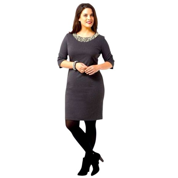 Leslie Fay Pearl Embellished Gray Winter Sheath Dress Size 16 - Picture 1 of 10